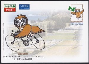 NORFOLK IS 2001 Sth Pac Games Postage Paid owl postcard - Triathlon........B3890