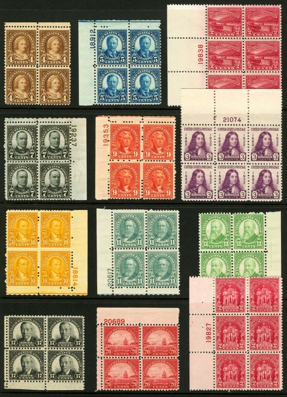 #636-#724 1927-1932 4c-20c Assorted Blocks & Pl # Blocks 4-6 Mint Never Hinged