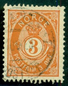 NORWAY #38v (51Ab) 3ore brown orange, used, VF, Facit $300.00