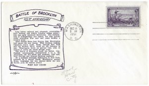 1951 FDC, #1003, 3c Battle of Brooklyn, Pent Arts M-23