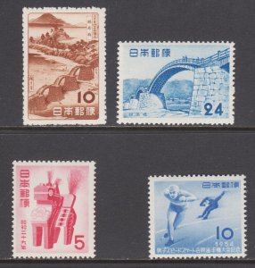 Japan Sc 578-579, 594, 595 MNH. 1953-54 issues, 3 cplt sets, fresh, bright, VF