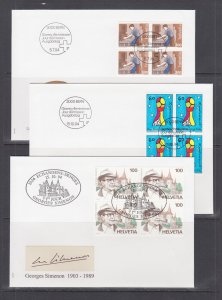 Switzerland Mi 1516/1535, 1994 issues, 9 complete sets in blocks of 4 on 16 FDCs