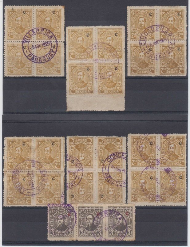 PARAGUAY 1928-29 Sc L26 & L28 BLOCKSx4 & STRIPx3 URECORDED GUTTER + CHOICE PTMKS 