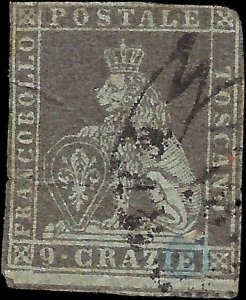 VEGAS - 1851-52 Tuscany Italy 9 Crazie Stamp - Sc# 8 - Horiz Crease - Cat= $300