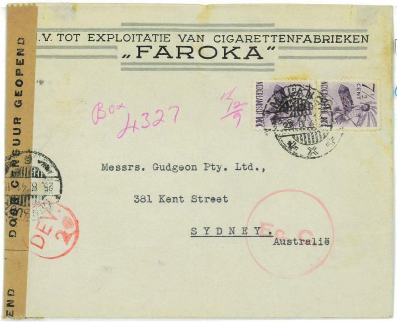 93721 - DUTCH INDIES Indonesia - POSTAL HISTORY - CENSORED COVER  to  AUSTRALIA