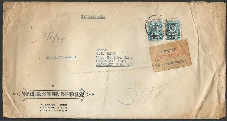 URUGUAY 1949  Registered airmail cover to New Zealand......................11471