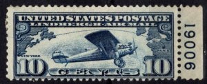 1927 US Scott #- C10 Airmail 10 Cent Charles Lindbergh Plate Number Single MH