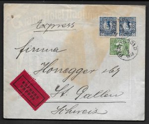 SWEDEN 1918 EXPRESS MAIL COVER ON GRAND HOTEL HAGLUND ADVERTISING TO ST. GALLEN