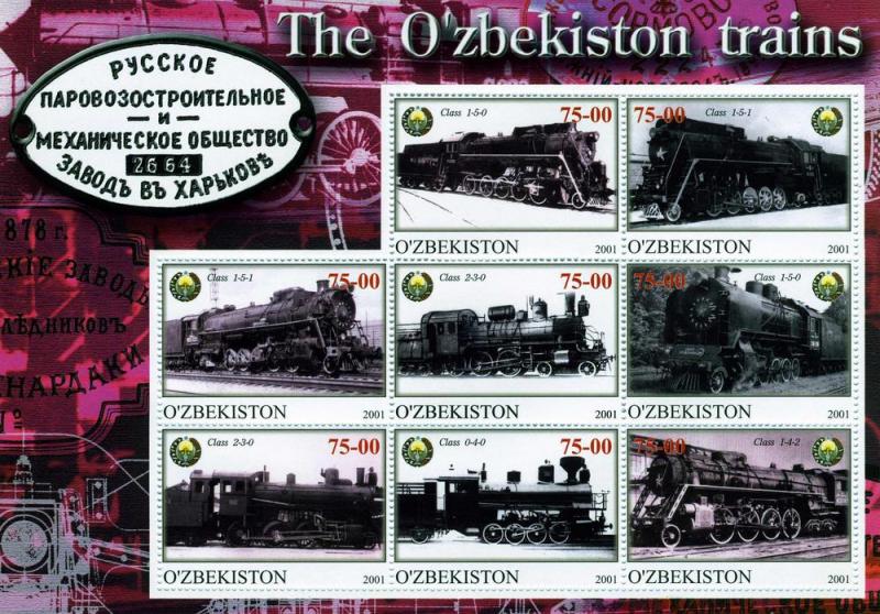 Uzbekistan 2001 STEAM TRAINS Sheet (8) Perforated Mint (NH)