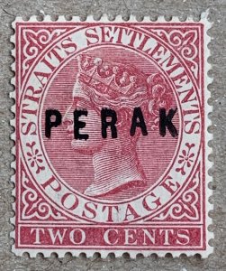 Malaya Perak 1883 2c rose with RA raised.  Scott 5, CV $50.00. SG 11