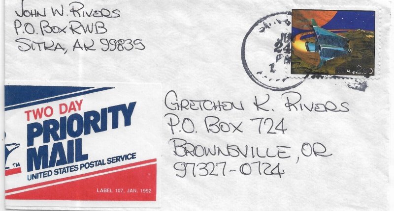 1992 Sitka, AK to Brownsville, Or Priority Mail, solo Sc #2540 (59930)
