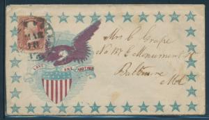 #65 FINE ON BEAUTIFUL PATRIOTIC COVER TO BALTIMORE, MD W/ TOWN CANCEL BU7989