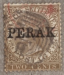 Malaya Perak 1881 2c brown Crown CC, with red cancel. Scott 2, CV $90.00. SG 5