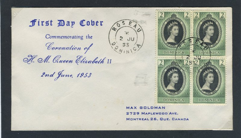 Dominica 1953 QEII Coronation block of four on First Day Cover