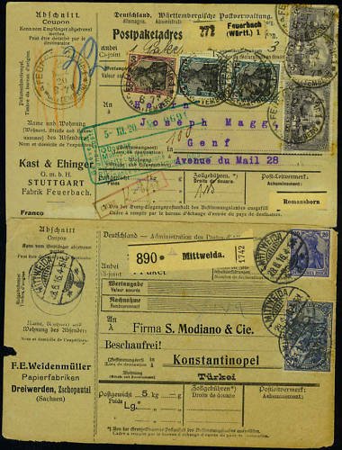 GERMANIA 1920 TWO POSTAL CARDS RECEIPTS WITH GERMANIA