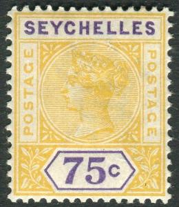 SEYCHELLES-1900 75c Yellow & Violet.  A lightly mounted mint example Sg 33