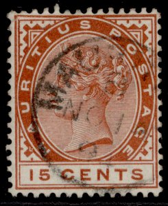 MAURITIUS QV SG107, 15c chestnut, FINE USED.