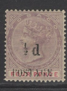 TOBAGO SG33a 1896 ½d on 4d LILAC & CARMINE SPACE BETWEEN ½ AND d MTD MINT TONED