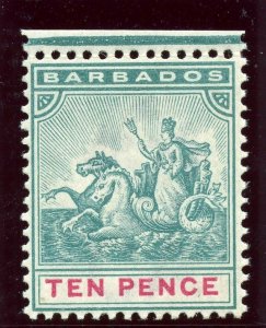 Barbados 1892 QV 10d dull blue-green & carmine MLH. SG 113. Sc 78.