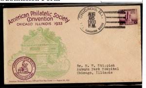 US 731a 1933 3c Century of Progress (imperf single from Farley sheet) on an addessed (typed) FDC with an APS convention cancel a