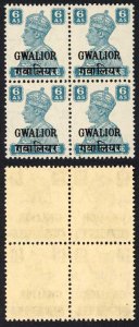 Gwalior SG126 6a turquoise-green U/M Block (left pair crease) Cat 56++ pounds