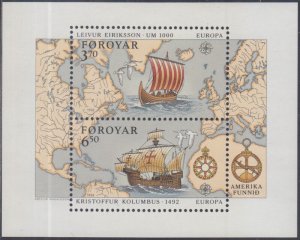 FAROE ISLANDS Sc #238 CPL MNH S/S of 2 DFIFF SHIPS - COLUMBUS 500th ANN, VIKINGS