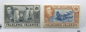 Falklands KGVI 1938 2/6d and 5/ mint o.g. hinged