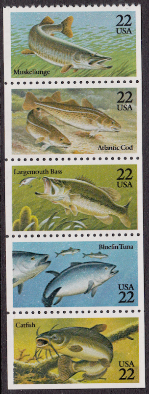 United States #2209a Fish strip of 5, Please see description.
