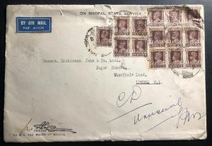 1946 Bhopal India State Service Official Airmail Cover To London England