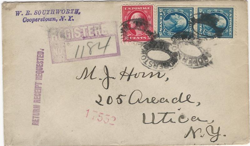 U.S., 2c and 5c Washington pair, Used on 1915 Registered Cover, Many Markings