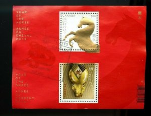 Year of the Horse and Snake 2x $1.85 stamps,  used souvenir sheet Canada