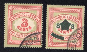 Liberia 1897 3c red & green and 1913 8c on 3c red & green, Scott 64a, 128a CTO