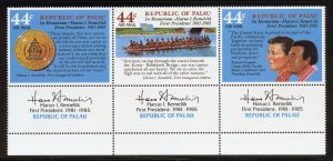 Palau C16a MNH, Hanuo Remeliik Memorial Strip of 3 with tabs from 1986.