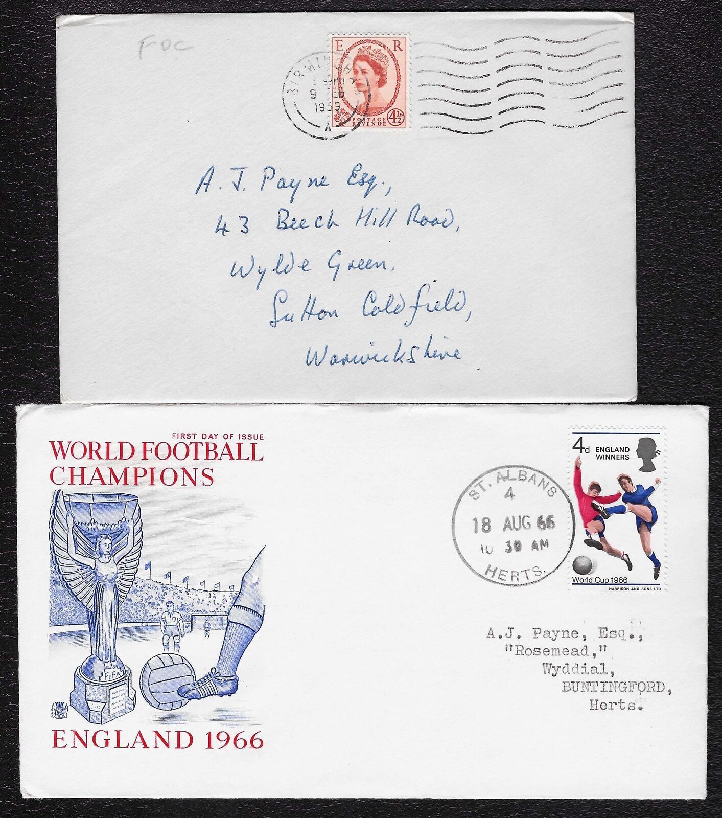 GB 1966 England Winners fine illus, also 1959 4½d plain cover h/addr