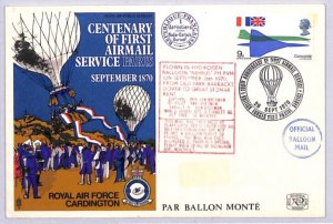 GB *1st AIR MAIL CENTENARY* BALLOON MAIL *Nimbus* RAF Ballon Monte 1970 ZE196