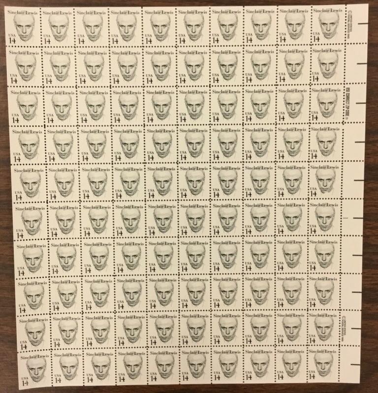1856     Sinclair Lewis, Novelist  14 cent  MNH SHEET 100.   Small block tagging
