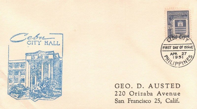 Philippines 1951 Cebu City Hall 18c FDC - Minor Corner Crease - L32518