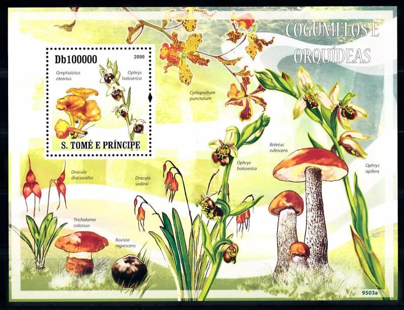 [68772] Sao Tome & Principe 2009 Mushrooms Pilze Champignons Orchids Sheet MNH