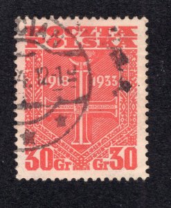 Poland 1933 30g scarlet Cross, Scott 279 used, value = 50c