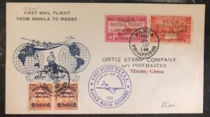 1937 Manila Philippines First Flight Cover FFC To Macao China Transpacific PAA