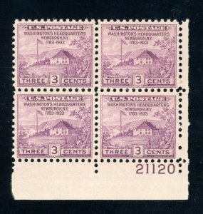 US Stamp #727 Washington Headquarters 3c - Plate Block of 4 - MNH - CV $5.50