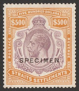 STRAITS SETTLEMENTS 1921 KGV $500 SPECIMEN. normal cat £75,000. CERTIFICATE.