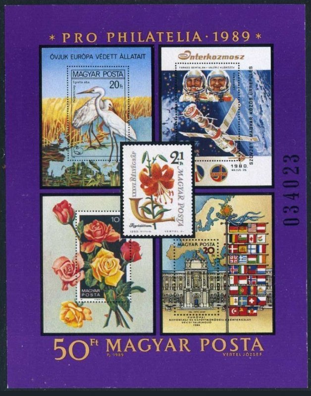 Hungary 3204,MNH.Mi Bl.207. PRO PHILATELIA 1989.Birds,Roses,Space,EUROPE.