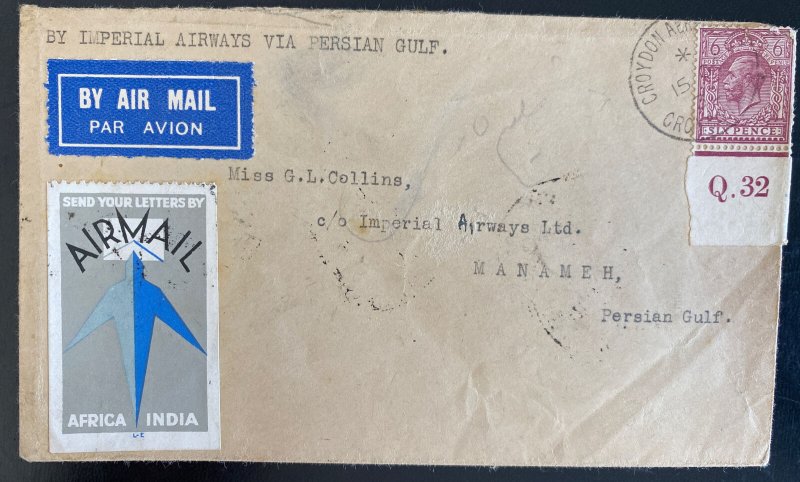 1932 Croydon England First Flight Cover To Manameh Persian Gulf Imperial Airways