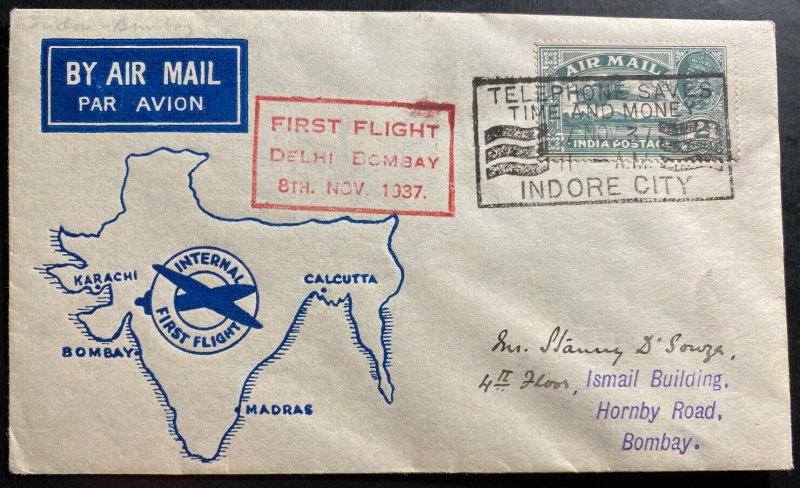 1937 Indore India First Flight Airmail cover FFC To Bombay Map Cachet 