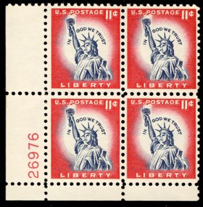 US #1044a PLATE BLOCK 11c Statue of Liberty, VF/XF mint never hinged, stock p...