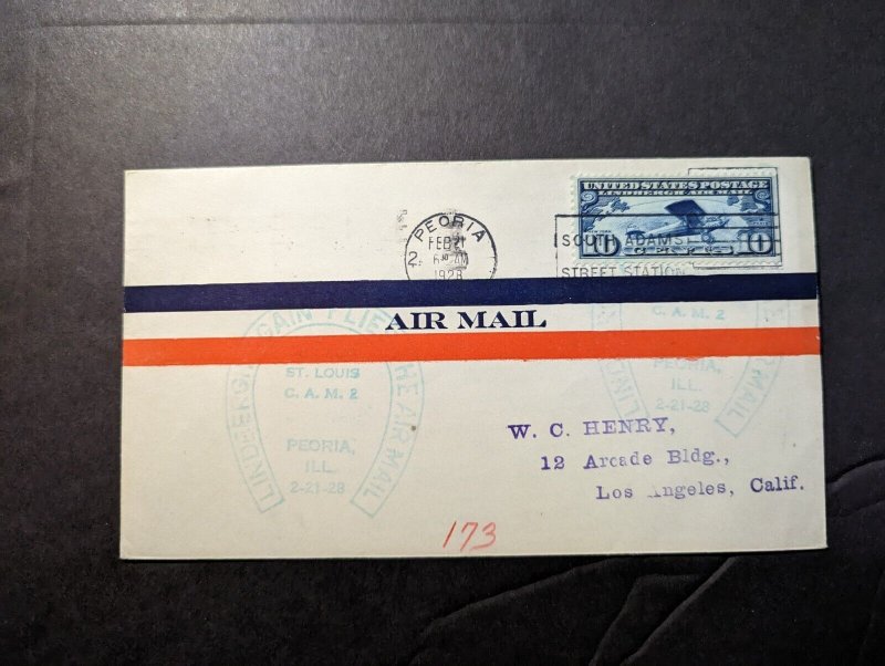 1928 USA Airmail Cover Peoria IL to Los Angeles CA Charles Lindbergh CAM 2 FFC