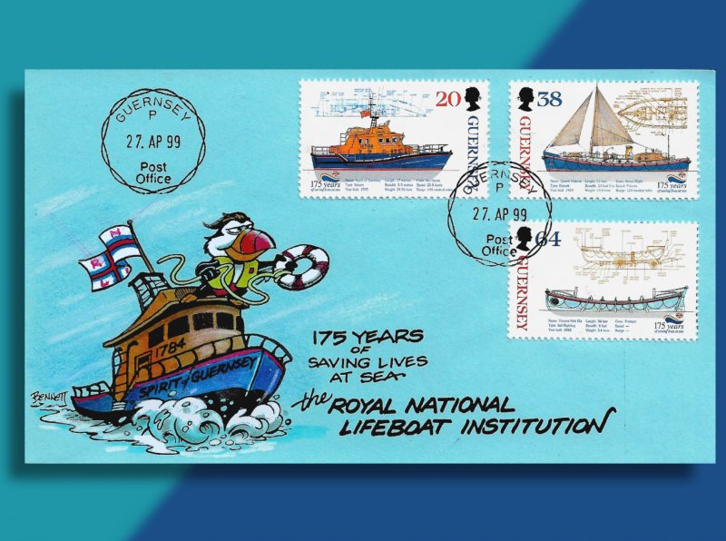 Guernsey Lifeboats to the Rescue!!  Handcolored Puffin Cachets FDC from 1999