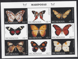 Nicaragua #2202a-i, mint sheet of 9, butterflies issued 1999