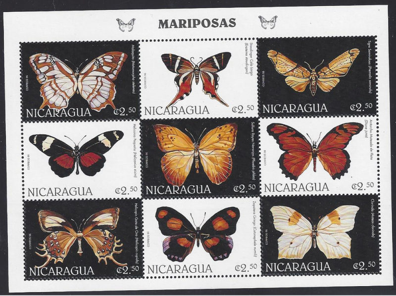 Nicaragua #2202a-i, mint sheet of 9, butterflies issued 1999